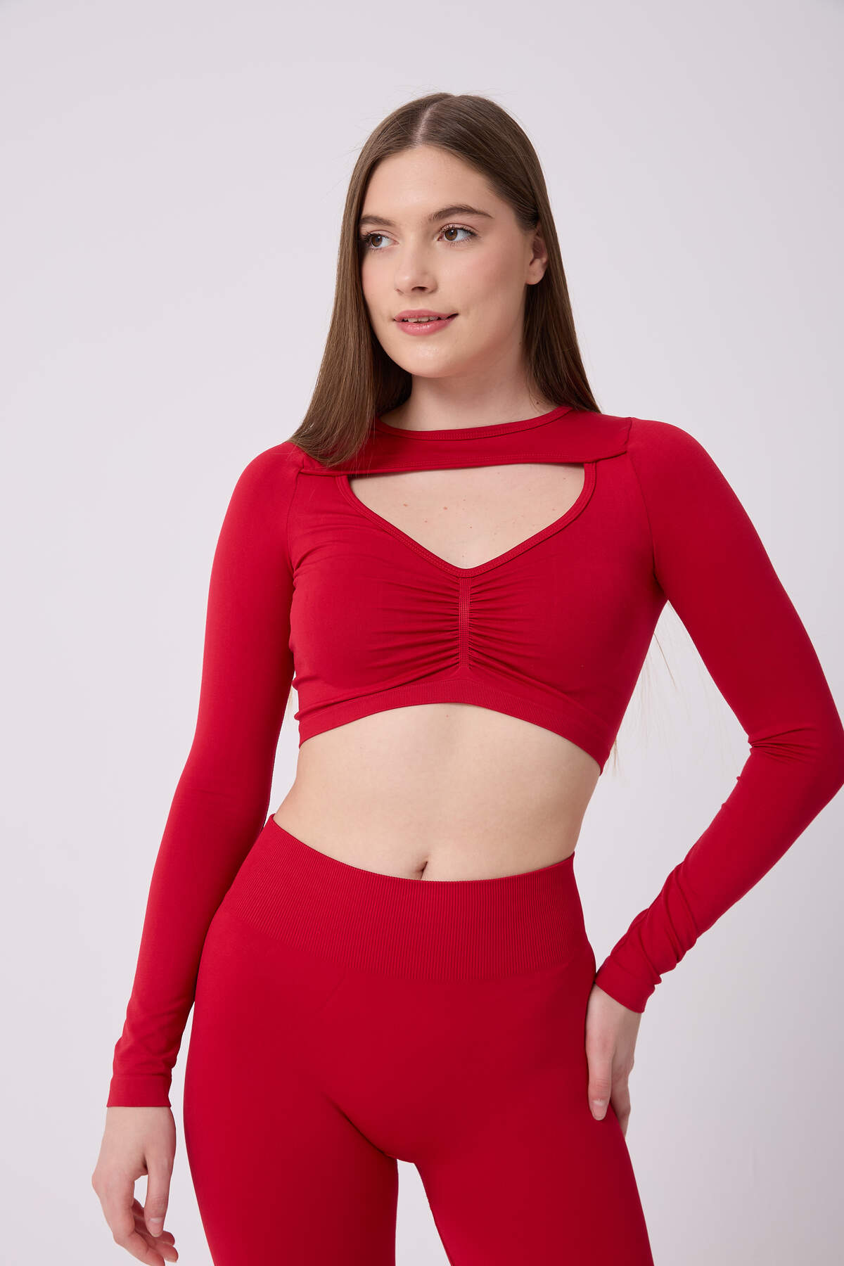 Kadın Dikişsiz Seamless Ön Dekolteli Uzun Kollu Crop Top