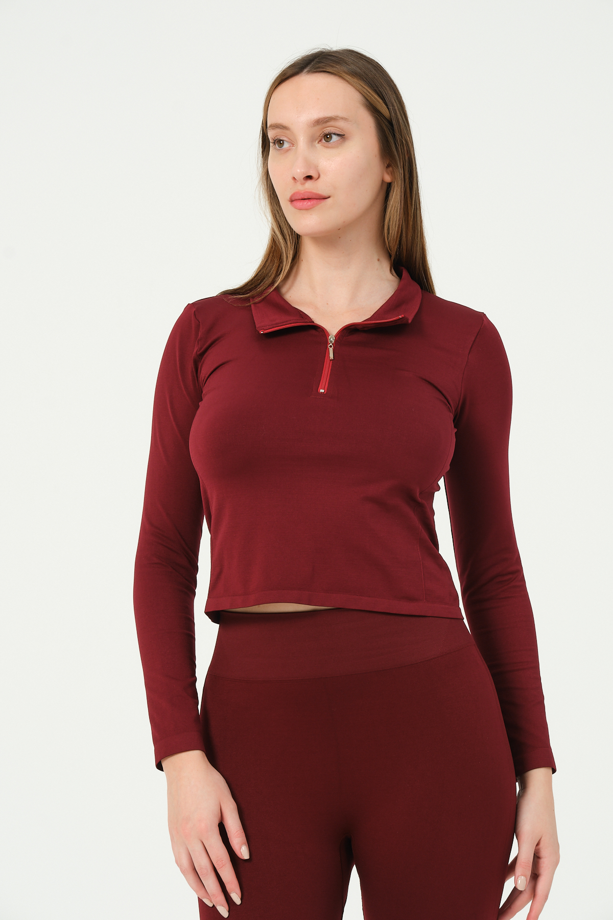Kadın Fermuarlı Spor Crop Top Dikişsiz